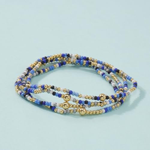 Boho 4Pcs Stack Colorful Small Seed Beaded Bracelets Set for Women, Cute Handmade Dainty Trendy Gold Plated Stretch Accessories Thin Glass Jewelry, Summer Daily Party Friendship Gift - color: Royal Blue