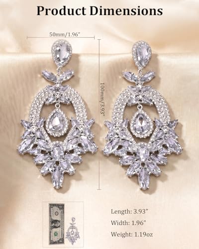 Silver Chandelier Earrings for Women Trendy, Oversized Big Crystal Rhinestone Statement Earrings Dangling Formal Pageant Earings Drag Queen Jewelry - color: Silver-01