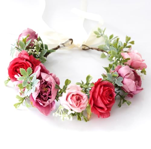 Vivivalue Fairy Flower Crown Floral Headband Even Headpiece Woodland Forest Elf Circlet for Women Wedding Bridal Halloween Cosplay Photo Shoot Accessory Red - color: 4