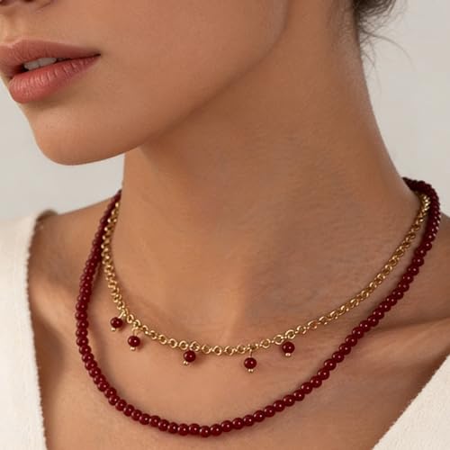 Red Beaded Necklace for Women Choker Gold Toggle Clasp Layered Stack Dainty Statement Western Boho Trendy Summer Vacation Necklaces Birthday Jewelry Gifts - color: B3:Red Beaded Necklace