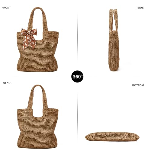 Crochet Beach Bags for Women Woven Purses Shoulder Bag Tote Handbag Summer Beach Purse - color: Wy11-brown