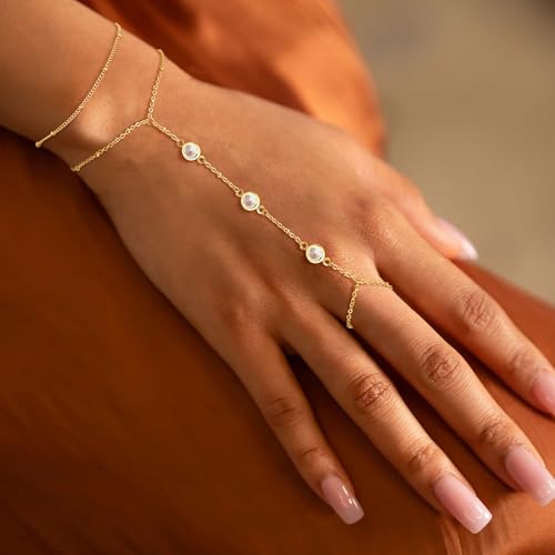 CHESKY 14k Gold Plated Hand Chain Bracelet for Women Trendy, Dainty Ring Bracelets Hand Chain Finger Nail Bracelet Simple Gold Hand Jewelry for Women Gifts - style: CZ