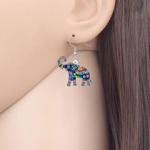 BONSNY Colorful Acrylic Elephant Dangle Earrings Bohemian Tribal Floral Design Boho Jewelry Gifts for Women Funny Novelty Hypoallergenic Spring Summer Gifts Accessories - color: Blue