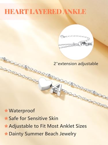Silvora Ankle Bracelets for Women Waterproof 14K Gold/Silver/Black Initial Anklet for Women Dainty Layered Heart Ankle Bracelets Stainless Steel Adjustable Foot Chain Anklet Summer Beach Jewelry - color: M-Silver