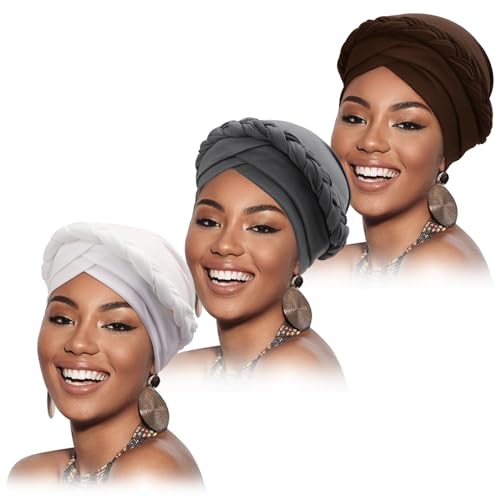 African Women Turban Caps Beanie Pre-Tied Twisted Braids Headwraps for Women Head Scarf Chemo Cancer Headwear Cap - color: 3 Pack Twisted Braid: White/Dark Grey/Dark Brown