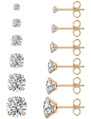 6 Pairs Stud Earrings Set, Hypoallergenic Cubic Zirconia 316L Earrings Stainless Steel CZ Earrings 3-8mm - color: A-002-Rose Gold