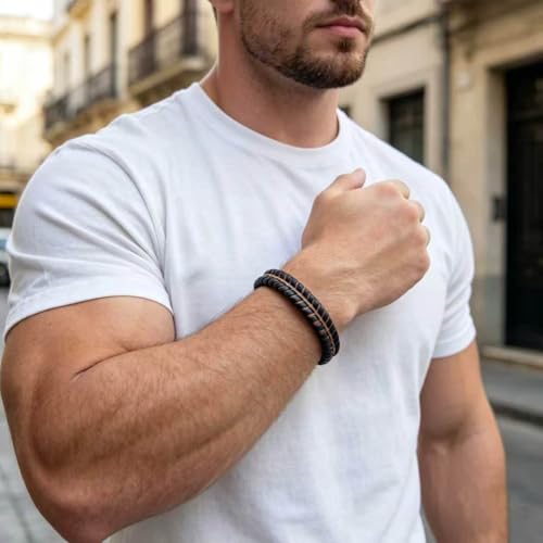 Men's Leather Bracelet, Stackable Stainless Steel Clasp Bracelets for Men Stylish Birthday, Thanksgiving, Valentine's Day Gift for My Man - style: 8.4" Orange and Black