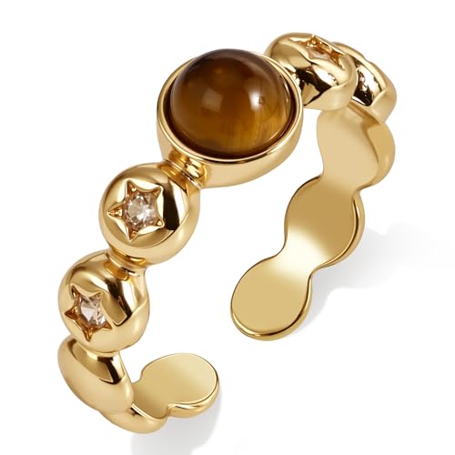 14K Gold Plated Tigers Eye Boho Ring for Women, Star Cubic Zirconia Vintage Statement Jewelry, Adjustable Open Ring