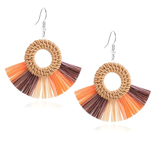 Boho Summer Beach Earrings for Women Lightweight Straw Wicker Earring Statement Raffia Fan Round Tassel Dangle Drop Earrings Hawaii Jewelry - style: Orange Round