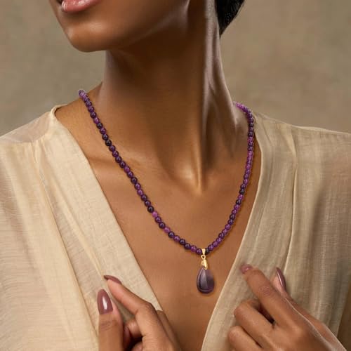Healing Crystal Necklaces for Women Trendy Natural Stone Beaded Long Pendant Necklaces for Womens Handmade Bohemian Fashion Necklace Jewelry Gift - color: Amethyst