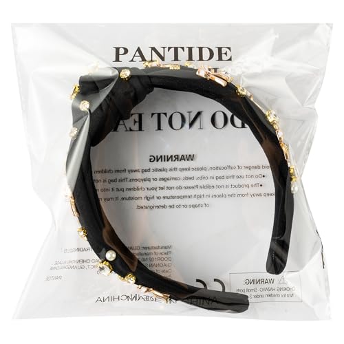 PANTIDE Black Bow Jeweled Knotted Headband - Rhinestone Crystal Pearl Embellished Headband Wide Top Knot Non Slip Hairband Accessories Bachelorette Wedding Birthday Gift for Women Girl (Black) - color: Black Bow