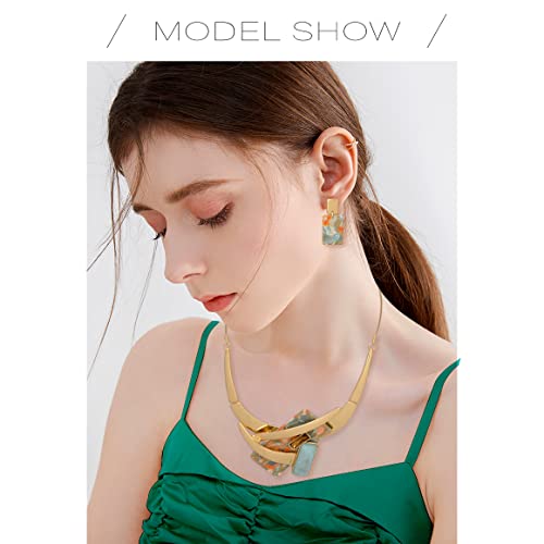 Vintage Chunky Statement Jewelry Set Retro Leaf Floral Geometric Bohemian Boho Bib Necklace Earring Set Fashion Costume Jewelry for Women Girls Wedding Party Prom Unique Gift - style: rectangle-turquoise
