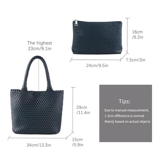 Hand Woven Bag Tote BagS For Women Top Handle Shoulder Vegan Leather Large Travel Beach Hobo Handbag - color: Navy Blue