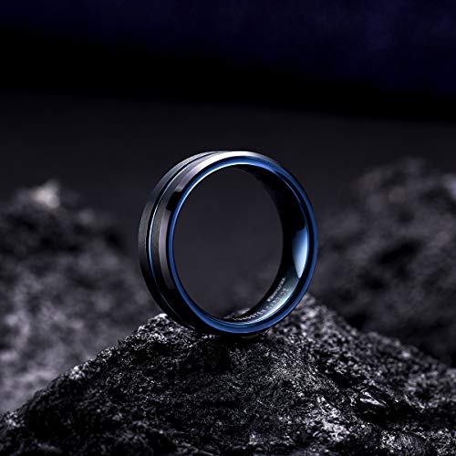 King Will Mens Tungsten Rings for Men Two Tone Grooved Mens Wedding Band Cool - color: Black & Blue 7mm