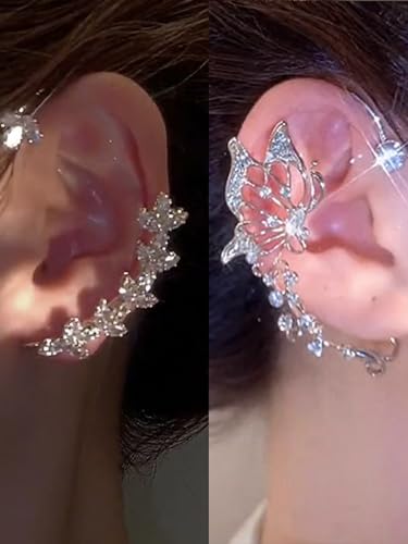 2Pcs Rhinestone Butterfly Earrings Ear Cuffs Non-Pierced Fake Earrings Butterfly Climber Wrap Around Earring Dainty Adjustable Ear Clip Jewelry for Women - color: StyleB-2 Pairs-Silver&Gold