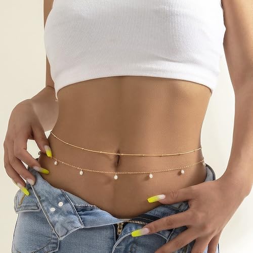 4Pcs Layered Gold Body Waist Chain Pearl Heart Waist Belly Stomach Belt Chain Beads Cuban Bikini Chains Simple Sexy Body Chains Jewelry for Women - size: 3