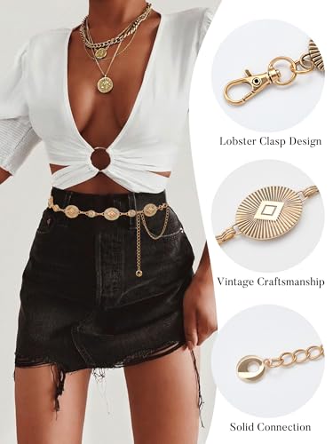 FIORETTO Western Waist Chain Belt Metal Concho Belt for Women Cowgirl Cowboy Boho Country Belt for Dress Jean - color: Gold-26, size: Fit Waist Up to 42"