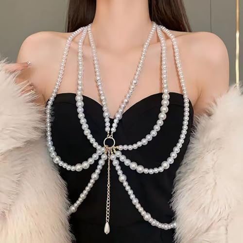 Multilayer Imitation Pearl Waist Chain for Women Trendy Waistband White Pearl Body Chain Long Tassel Pendant Waist Chain Wedding Bridal Dress Belt Fashion Trend Metal Chain Body Chain Jewelry - color: White