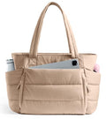 Tote Bag for Women with Zipper, Quilted Puffer Tote Bag with Compartments, Lightweight Puffy Work Bags for Women Travel - color: Light Khaki
