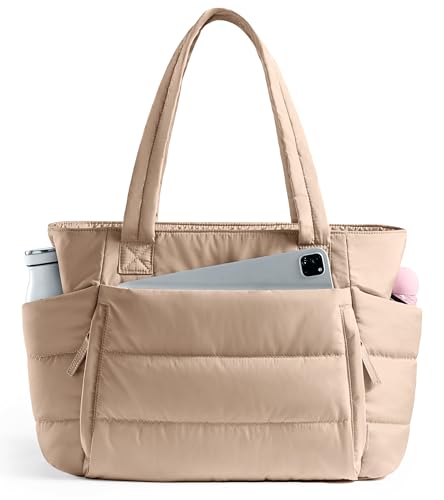 Tote Bag for Women with Zipper, Quilted Puffer Tote Bag with Compartments, Lightweight Puffy Work Bags for Women Travel - color: Light Khaki