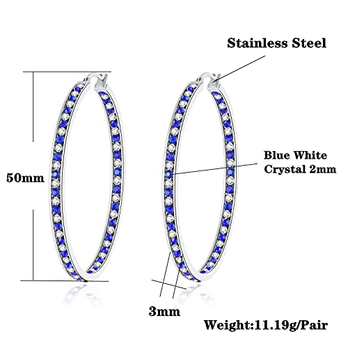CiNily Mult-colors Crystal Stainless Steel Hoop Earring for Women Hypoallergenic Jewelry for Sensitive Ears Large Big Hoop Earrings 2" - color: Blue & White