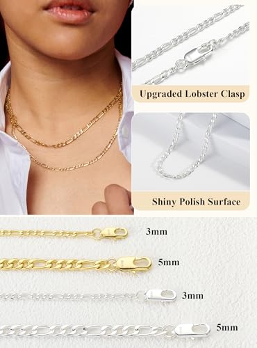 Avotto S925 Sterling Silver Figaro Chain Necklace for Women Girls 3mm/5mm Thick Sturdy & Colourfast Women's Chain Necklaces Jewelry for Women Girls 14/16/18/20/22/24/Inch - color: 3mm-Silver, size: 18 inch(45cm)-Average Length