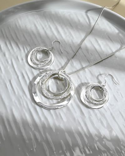 Hypoallergenic Silver Circle & Dangle Earrings and Necklace Set for Women Geometric Boho Style Hoop Jewelry for Women-Lightweight & Dangling-Gift for Bohemian Fashionistas - color: Silver