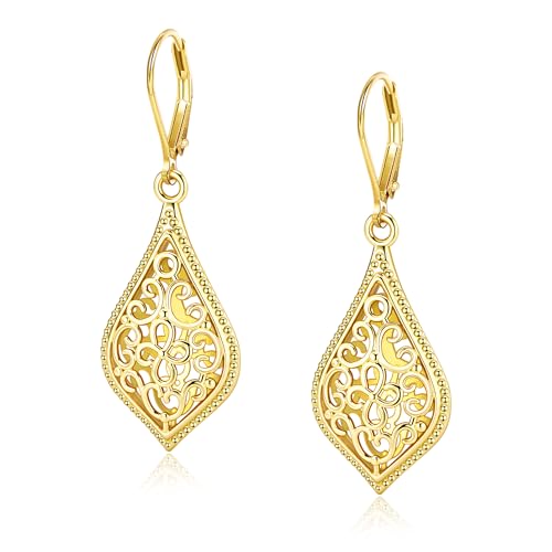 Dangle Earrings for Women, 14K Gold Plated Filigree Dangling Leverback Earrings, Silver Geometric Hypoallergenic Lightweight Dangly Drop Earings for Women Trendy Jewelry Gifts - color: C-14K Gold