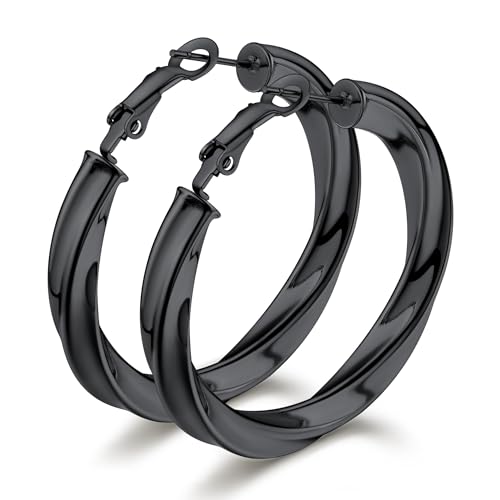 Bestyle 5mm Thick Gold Hoop Earrings Hypoallergenic Hoops for Sensitive Ears Trendy Lightweight Chunky Earrings for Women 30/40/60/80mm - color: 02-Black, size: 40mm