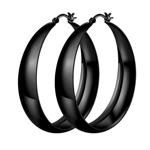 Senteria 12mm Wide Thick Hoop Earrings 925 Sterling Silver Hoop Earrings for Women Hypoallergenic 14K Real Gold Plated Hoops Large Earring Lightweight Chunky Hoops Earring for Women 25/30/40/50MM - color: Black-40mm