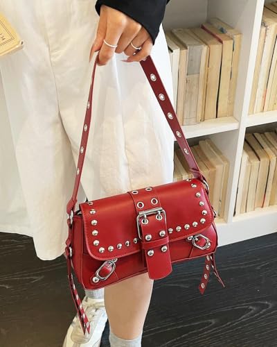 Y2K Trendy Purse for Women, Leather Buckle Punk Hobo Clutch Purses Bags for Ladies Top Handle Shoulder Bag - color: Deep Red