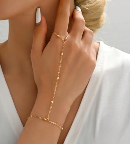 YEEZII Gold Hand Chain Bracelets for Women, 2 Pcs 14k Gold Plated Cubic Zirconia Link Chain Bracelet Set, Trendy ring bracelet hand chain Jewelry for Her - color: Gold-G