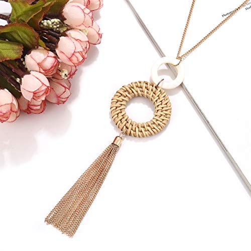 Tassel Pendant Necklace Handmade Straw Wicker Braid Statement Pendant Y-Shaped Long Chain Necklace for Women