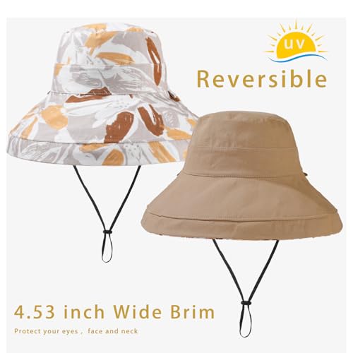 vidsel Womens Sun Hats Wide Brim Reversible Bucket Cotton Hat Packable Summer Travel Cap with Hat Clip,UV Protection - color: Khaki2, size: Medium