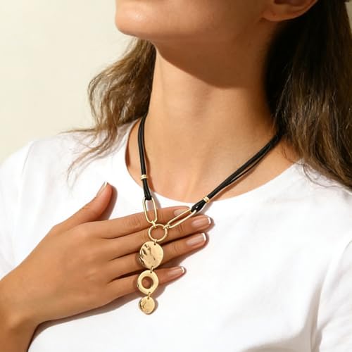 Trendy Retro 14k Gold Round Coin Disc Black Rope Necklace for Women, Vintage Chunky Long Coins Paperclip Drop Y Necklaces Prom Y2k Party Jewelry Gifts