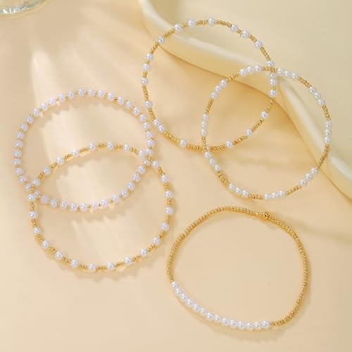 Gold Bracelets for Women 14K Gold Plated Beaded Non Tarnish Bracelets Stretch Bead Ball Bracelet Stack Set Jewelry for Gifts - color: G-SET 5PC