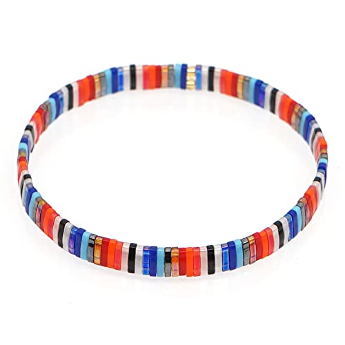 Sonateomber Tila Flat Beaded Stretch Bracelets for Women, Trendy Unique Colorful Square Beads Handmade Stack Bracelet Friendship Accessories Fashion Jewelry Gift - color: Red blue