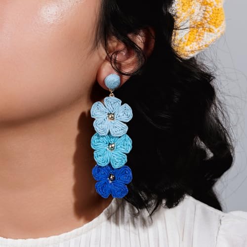 Boho Flower Earrings Statement Raffia Dangle Earrings Cute Floral Jewelry Trendy Summer Beach Vacation Outfits for Women - color: Blue-2
