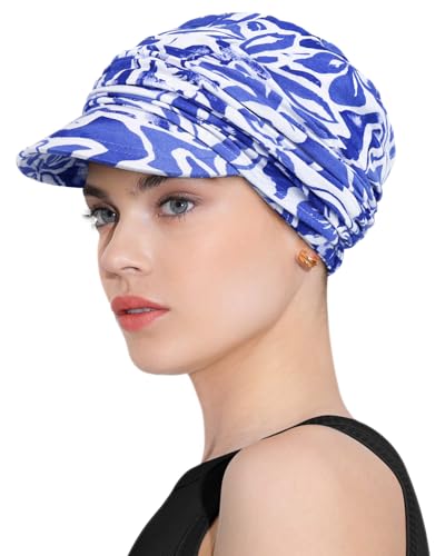 Chemo Headwear Viscose Newsboy Cap for Women Summer Hats - color: Blue White Flowers