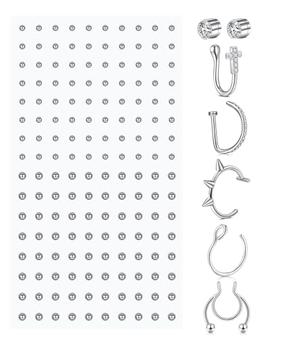 MODRSA Fake Nose Stud Fake Nose Ring Stud Fake Nose Piercing Fake Lip Ring Fake Earrings Stud Silver Gold Fake Cartilage Helix Earring Clip on Earring Hoop Fake Eyebrow Ring Fake Bridge Piercing - color: G1-Mix fake piercings- silver