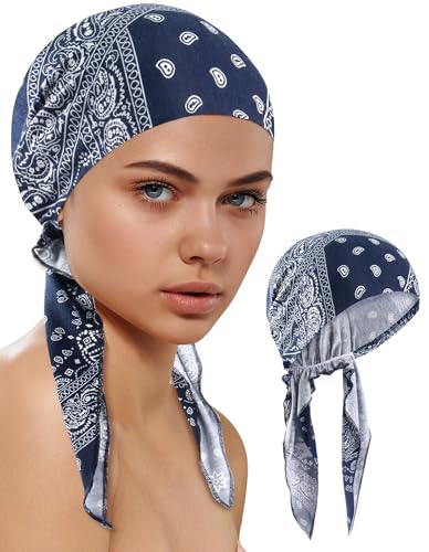 Ababalaya Chemo Headwear for Women Softer Headcover with Longer Tails, Breathable Skull Cap Non-Slip Sleep Beanie - color: Bluepaisley