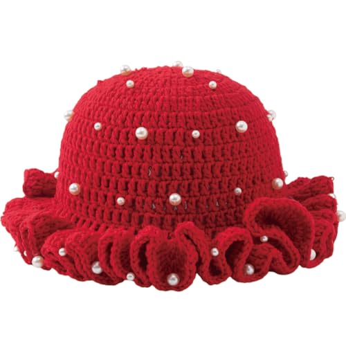 KORADI Womens Crochet Bucket Hat Ruffled Brim Knitted Hats Winter Boho Handmade Caps - color: Red-pearl