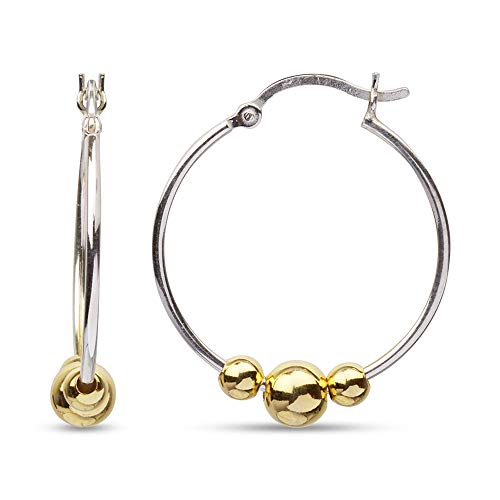 LeCalla 925 Sterling Silver Beaded Ball Hoop Earrings | Lightweight Sleeper Bead Ball Earring Hoops | Cape Style Hoop Earrings for Women - color: Dainty Two Tone