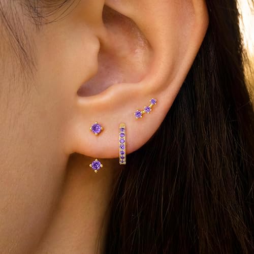 3 Pairs Dainty Small 4th of July Earrings for Women Trendy, Birthstone Stud Huggie Hoop Jacket Stack for Cartilage Helix, Gold Plated Hypoallergenic Cute Women Fashion Accessories Western Jewelry Gifts - color: 02Purple Created Amethyst-Feb (Gold)