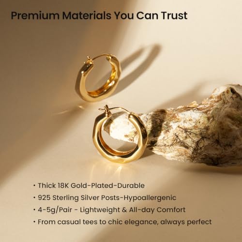 ARSIS Mix & Match 18K Gold-Plated Hoop Earrings for Women, Hypoallergenic, 925 Sterling Silver Posts, Organic Textured Design, Lightweight Hoops in Gold/Silver/Rose Gold, Jewelry Gift for Her - color: Gold-20mm, size: 20mm