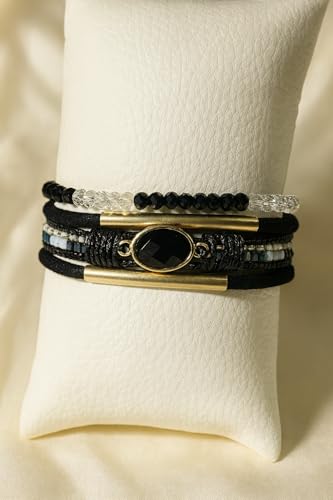 Boho Layered Bracelet for Women – Green Crystal Beaded Wrap Bracelet with Gold Clasp, Multi-Strand Hypoallergenic Statement Jewelry - color: Black Crystal