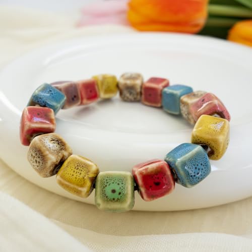 Handmade Multi-Color Faceted Ceramic Beads Bracelet for Women, Boho Stretch Bracelet with Oval Colorful Glazed Beads, Adjustable Bohemian Jewelry Gift for Mom Wife - color: Colorful (1cm Cube)