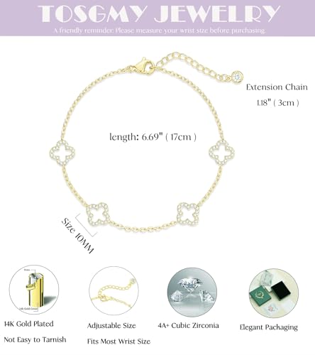 Dainty Silver Gold Bracelets for Women Trendy Non Tarnish 14K Gold Plated Cute Clover Bracelet Stackable Daisy Cubic Zirconia Diamond Charm Bracelet Stack Waterproof Jewelry Gifts - color: B- CZ Clover Bracelet- Gold