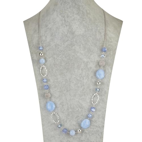 BULINLIN Beaded Long Necklace for Women Silver Sweater Chain Necklace with Crystal Resin Beads, Fashion Jewelry Necklace - color: Light blue