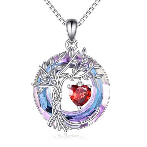 POPLYKE Mothers Day Gifts for Mom Her Wife Tree of Life Necklace 925 Sterling Silver Birthstone Pendant with Crystal Anniversary Birthday Wedding Jewelry for Women - color: 01-Jan-Garnet, style: White Gold Plated-Amethyst Crystal